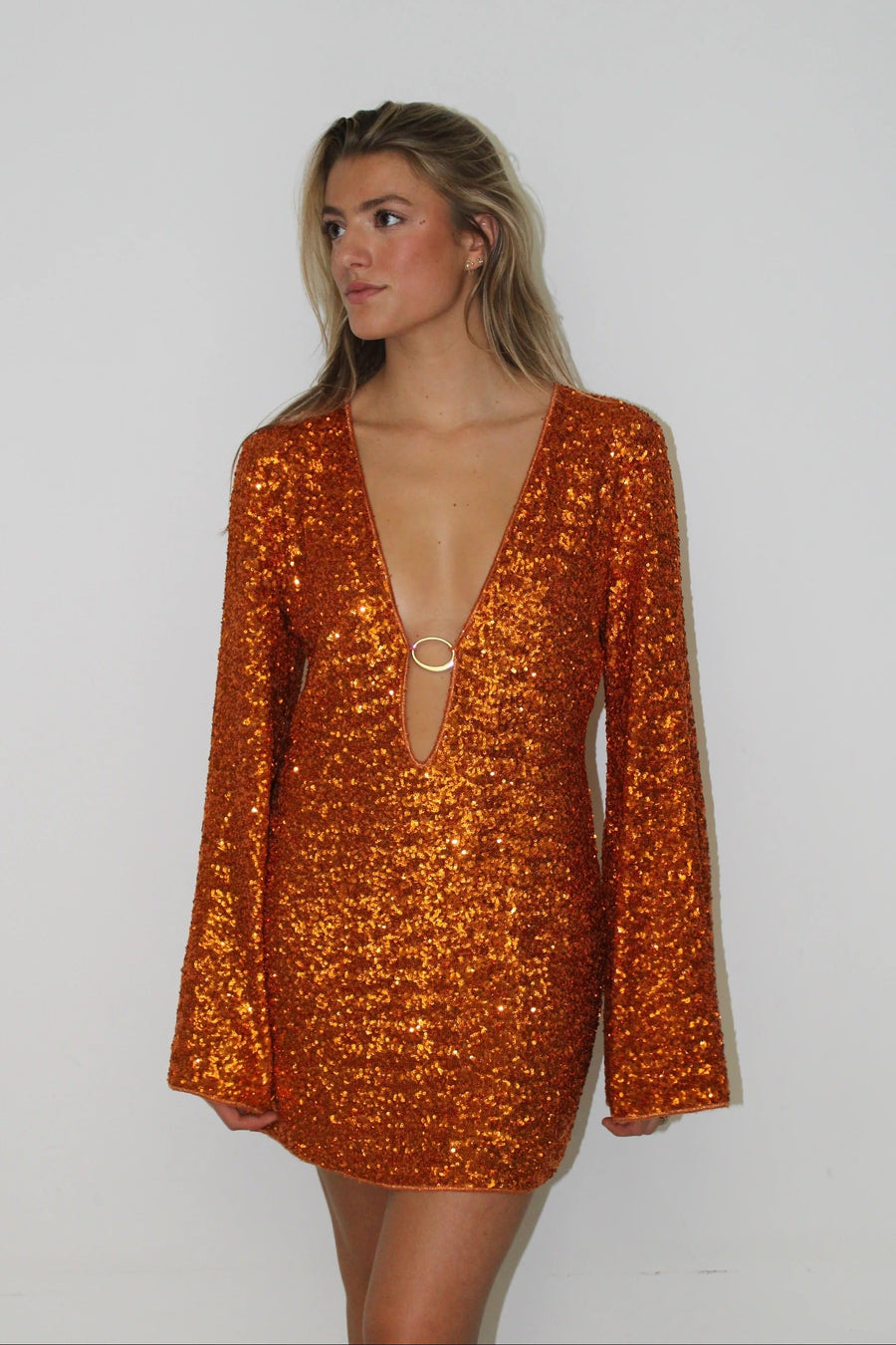 Leilani | Sequin Summer Mini Dress – Long Sleeve Gold Ring Cut Out Ibiza Party Evening