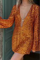 Leilani | Sequin Summer Mini Dress – Long Sleeve Gold Ring Cut Out Ibiza Party Evening