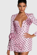 Lenora | Polka Dot Mini – Deep V Neck Long Sleeve Rosette Party Dress