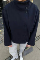 Lexa | Asymmetric Button Jacket – High Neck Long Sleeve Office Outerwear