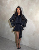 Lexi |  Sheer Pleated Mini – Round Neck Tie Long Sleeve Ruffle Hem Party Cocktail Dress