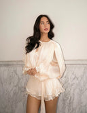 Lexi |  Sheer Pleated Mini – Round Neck Tie Long Sleeve Ruffle Hem Party Cocktail Dress