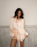 Lexi |  Sheer Pleated Mini – Round Neck Tie Long Sleeve Ruffle Hem Party Cocktail Dress