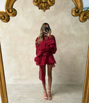 Lexi |  Sheer Pleated Mini – Round Neck Tie Long Sleeve Ruffle Hem Party Cocktail Dress
