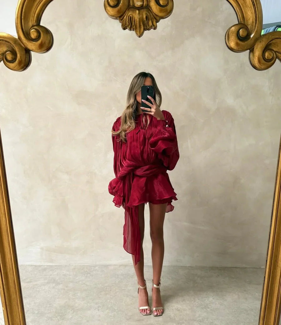 Lexi |  Sheer Pleated Mini – Round Neck Tie Long Sleeve Ruffle Hem Party Cocktail Dress