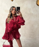 Lexi |  Sheer Pleated Mini – Round Neck Tie Long Sleeve Ruffle Hem Party Cocktail Dress