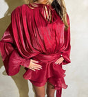 Lexi |  Sheer Pleated Mini – Round Neck Tie Long Sleeve Ruffle Hem Party Cocktail Dress