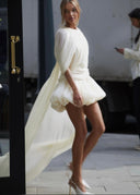 Liana | Pleated Cape Mini Dress – Draped Wrap Waist Bubble Hem Cocktail Party Gown