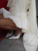 Liana | Pleated Cape Mini Dress – Draped Wrap Waist Bubble Hem Cocktail Party Gown