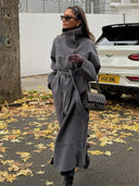 Linda | Belted High Neck Maxi Coat – Long Sleeve Button Front Outerwear