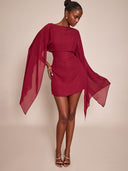 Linette | Cape Sleeve Mini Dress – Evening Boat Neck Sheer Draped Overlay