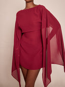 Linette | Cape Sleeve Mini Dress – Evening Boat Neck Sheer Draped Overlay
