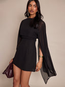 Linette | Cape Sleeve Mini Dress – Evening Boat Neck Sheer Draped Overlay