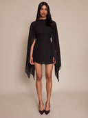 Linette | Cape Sleeve Mini Dress – Evening Boat Neck Sheer Draped Overlay