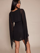 Linette | Cape Sleeve Mini Dress – Evening Boat Neck Sheer Draped Overlay