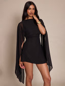 Linette | Cape Sleeve Mini Dress – Evening Boat Neck Sheer Draped Overlay