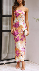 Linnea | Floral Strapless Midi – Satin Bandeau Bodycon Fishtail Summer Dress