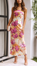 Linnea | Floral Strapless Midi – Satin Bandeau Bodycon Fishtail Summer Dress