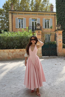 Liora | Gingham Halter Midi Dress – V Neck Fitted Bodice Full Skirt Summer Party