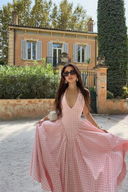 Liora | Gingham Halter Midi Dress – V Neck Fitted Bodice Full Skirt Summer Party