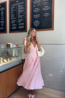 Liora | Gingham Halter Midi Dress – V Neck Fitted Bodice Full Skirt Summer Party