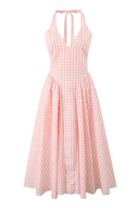 Liora | Gingham Halter Midi Dress – V Neck Fitted Bodice Full Skirt Summer Party