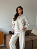Lisette | Two Piece Sweat Set – Casual Half Zip Long Sleeve Wide Leg Pants