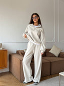 Lisette | Two Piece Sweat Set – Casual Half Zip Long Sleeve Wide Leg Pants