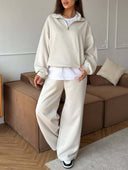 Lisette | Two Piece Sweat Set – Casual Half Zip Long Sleeve Wide Leg Pants