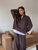 Lisette | Two Piece Sweat Set – Casual Half Zip Long Sleeve Wide Leg Pants
