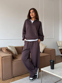 Lisette | Two Piece Sweat Set – Casual Half Zip Long Sleeve Wide Leg Pants