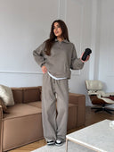 Lisette | Two Piece Sweat Set – Casual Half Zip Long Sleeve Wide Leg Pants