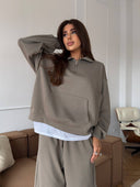 Lisette | Two Piece Sweat Set – Casual Half Zip Long Sleeve Wide Leg Pants