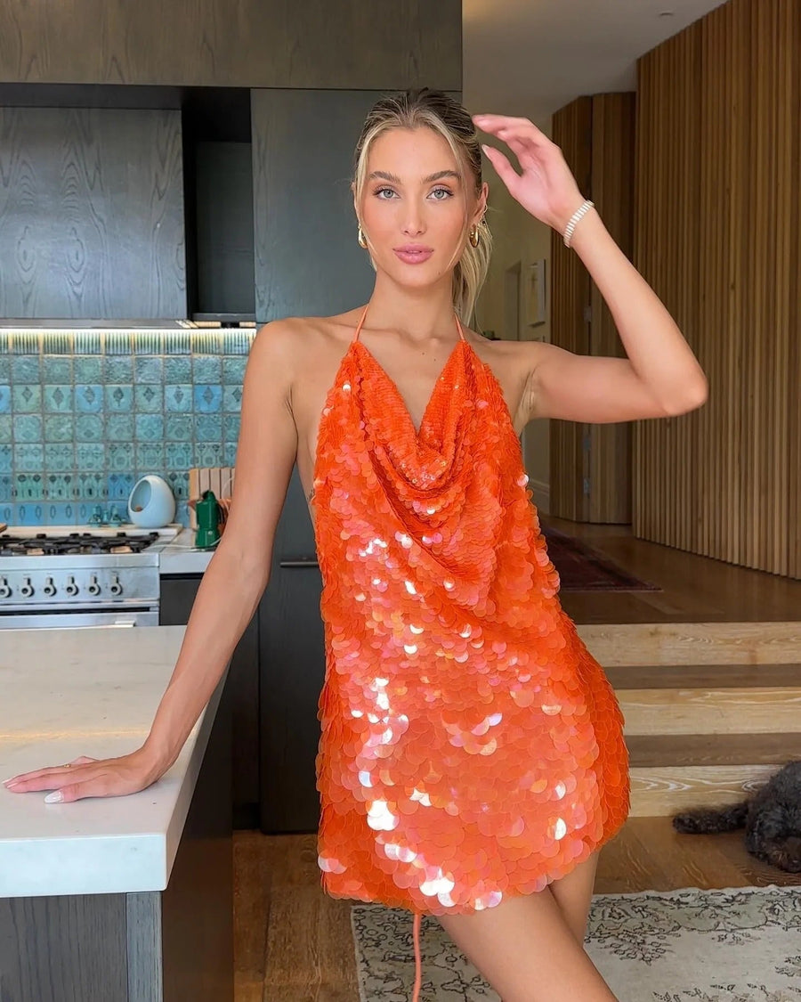Livia | Large Sequin Halter Mini – Cowl Neck Open Back Party Summer Dress