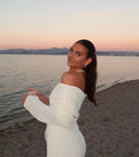 Liz | Knit Mini – Off Shoulder Long Sleeve Ruched Bodice Bodycon Beach Party Dress