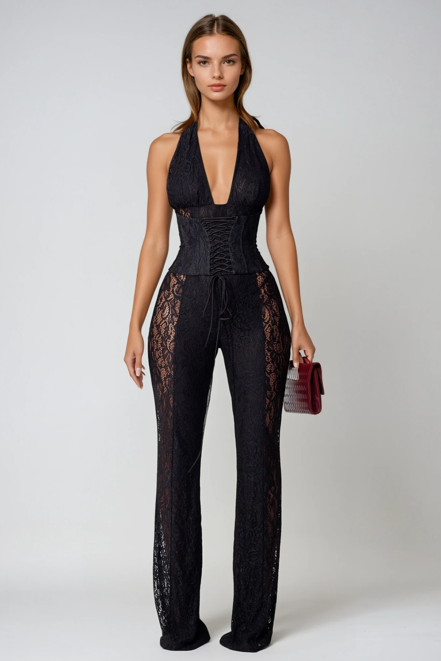 Lorelei | Lace Jumpsuit – Halter Neck Deep V Lace-Up Corset Waist Going Out Jumpsuit