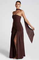 Lucinda | Maxi – Strapless Scarf Neck High Split Flowing Wedding Guest Dress