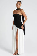 Lucinda | Maxi – Strapless Scarf Neck High Split Flowing Wedding Guest Dress