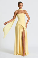 Lucinda | Maxi – Strapless Scarf Neck High Split Flowing Wedding Guest Dress