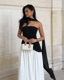 Lucinda | Maxi – Strapless Scarf Neck High Split Flowing Wedding Guest Dress