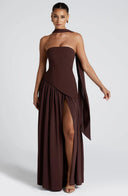 Lucinda | Maxi – Strapless Scarf Neck High Split Flowing Wedding Guest Dress