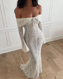 Lucy | Lace Maxi – Off Shoulder Tie Front Bell Sleeve Fishtail Holiday Dress