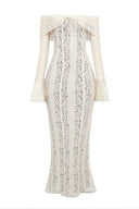 Lucy | Lace Maxi – Off Shoulder Tie Front Bell Sleeve Fishtail Holiday Dress