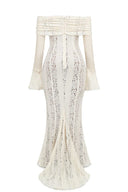 Lucy | Lace Maxi – Off Shoulder Tie Front Bell Sleeve Fishtail Holiday Dress