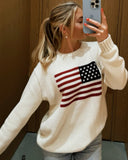 Lux | American Flag Knit Sweater – Casual Crew Neck Long Sleeve Ribbed Trim
