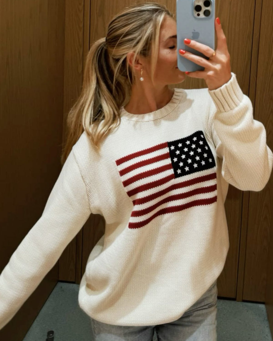 Lux | American Flag Knit Sweater – Casual Crew Neck Long Sleeve Ribbed Trim
