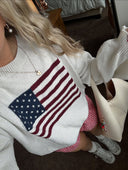 Lux | American Flag Knit Sweater – Casual Crew Neck Long Sleeve Ribbed Trim