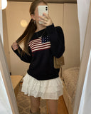 Lux | American Flag Knit Sweater – Casual Crew Neck Long Sleeve Ribbed Trim