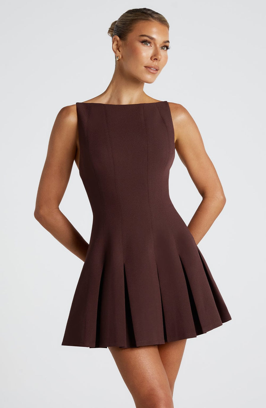 Lyra | Sleeveless Pleated Mini Dress – Boat Neck Flared Skirt Seams