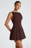 Lyra | Sleeveless Pleated Mini Dress – Boat Neck Flared Skirt Seams